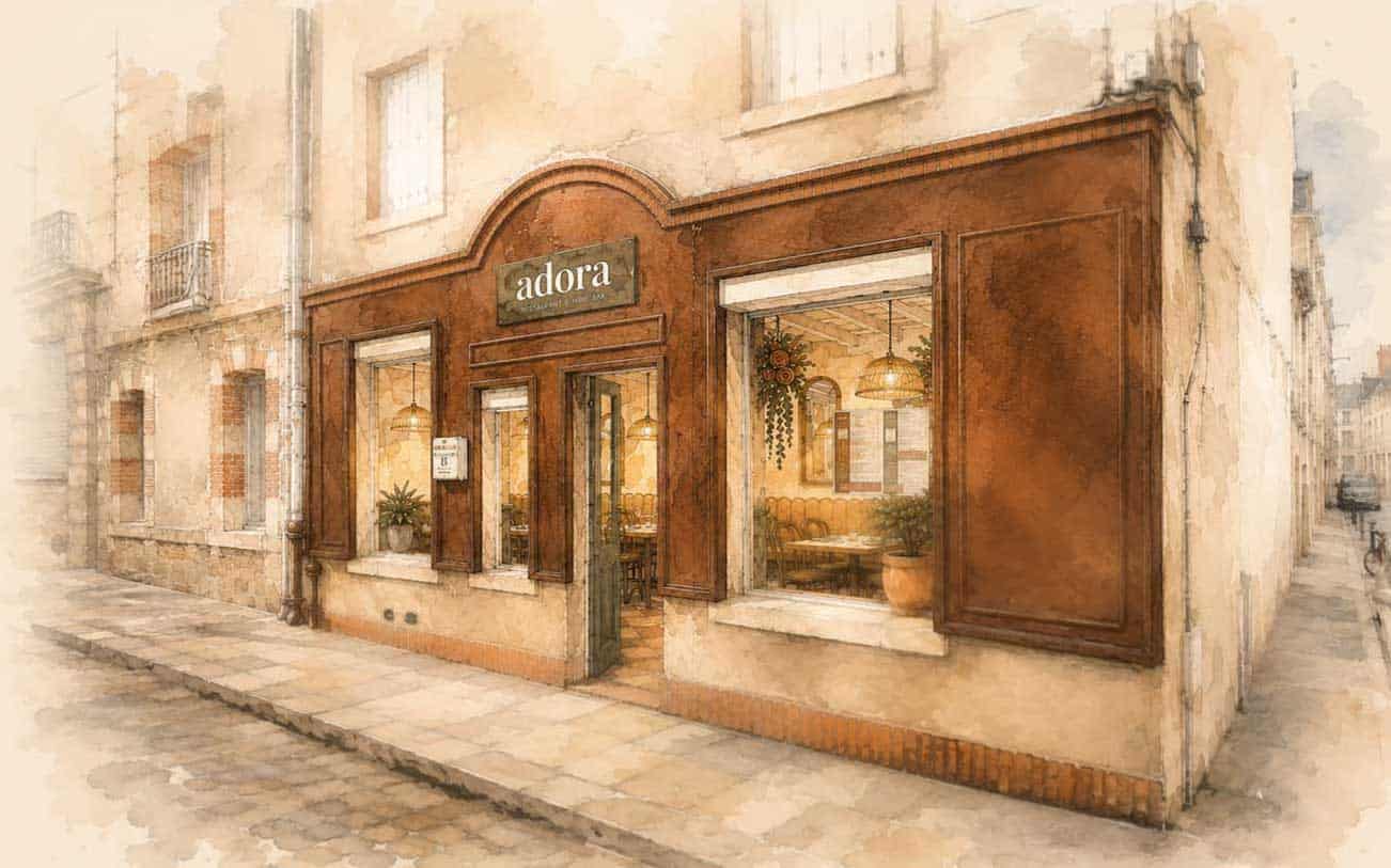 Façade du restaurant Adora Brunch avec une terrasse intérieure chaleureuse dans une rue du centre-ville.